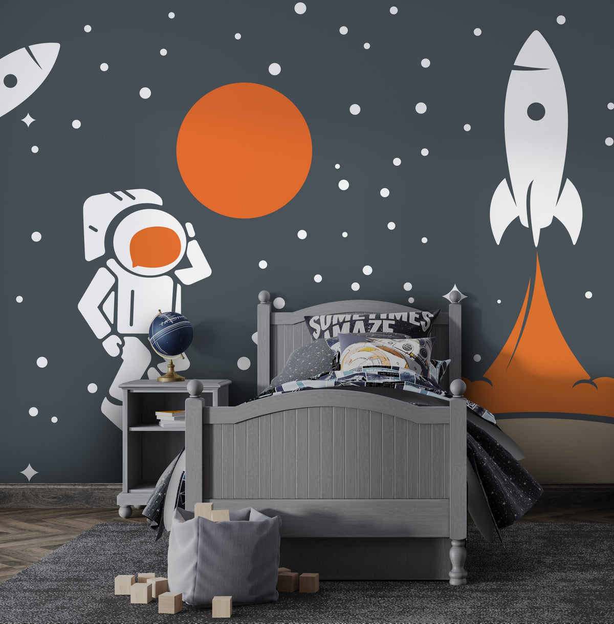 Rocket and Moon Wallpaper : Space Age Astronaut Kids Mural - View 5