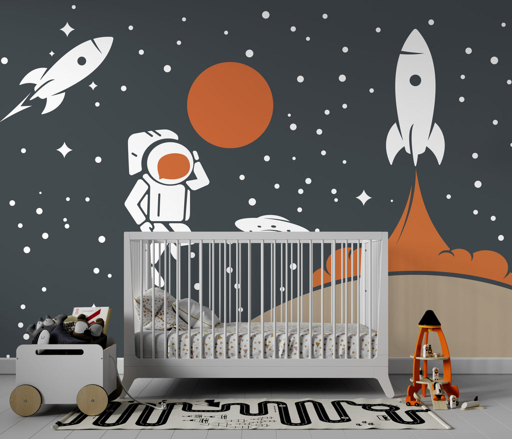 Rocket and Moon Wallpaper : Space Age Astronaut Kids Mural - View 3
