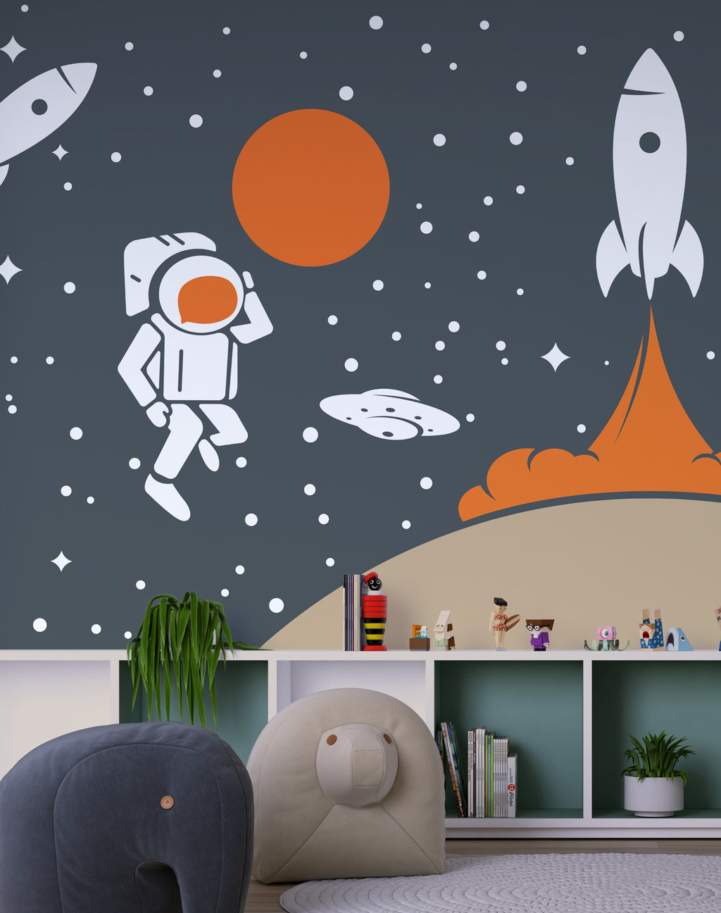 Rocket and Moon Wallpaper : Space Age Astronaut Kids Mural - View 4
