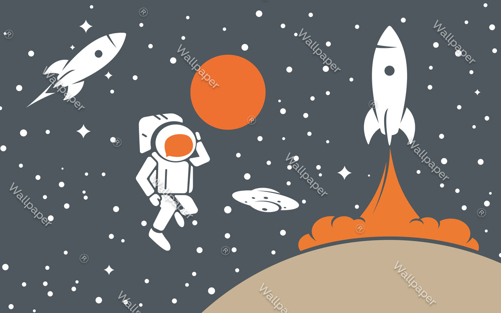 Rocket and Moon Wallpaper : Space Age Astronaut Kids Mural - View 2