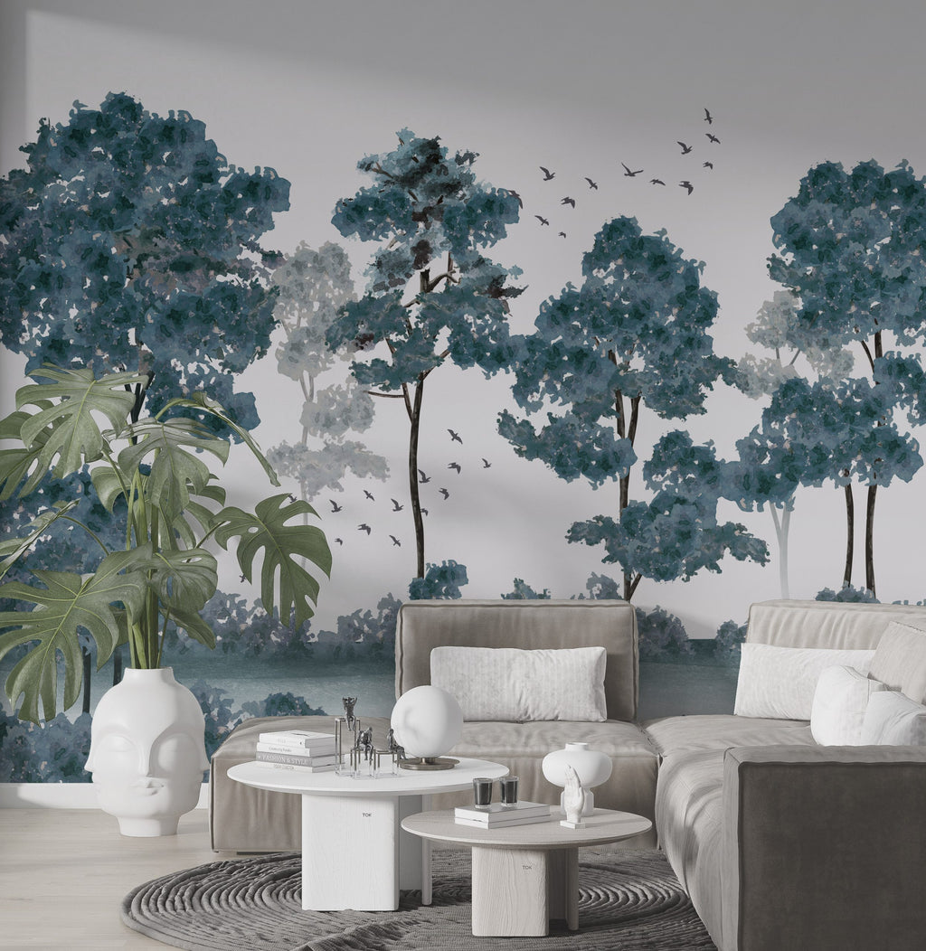 Blue Tree Forest Wallpaper : Monochrome Watercolor Woods Mural