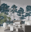Blue Tree Forest Wallpaper : Monochrome Watercolor Woods Mural