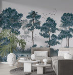 Blue Tree Forest Wallpaper : Monochrome Watercolor Woods Mural