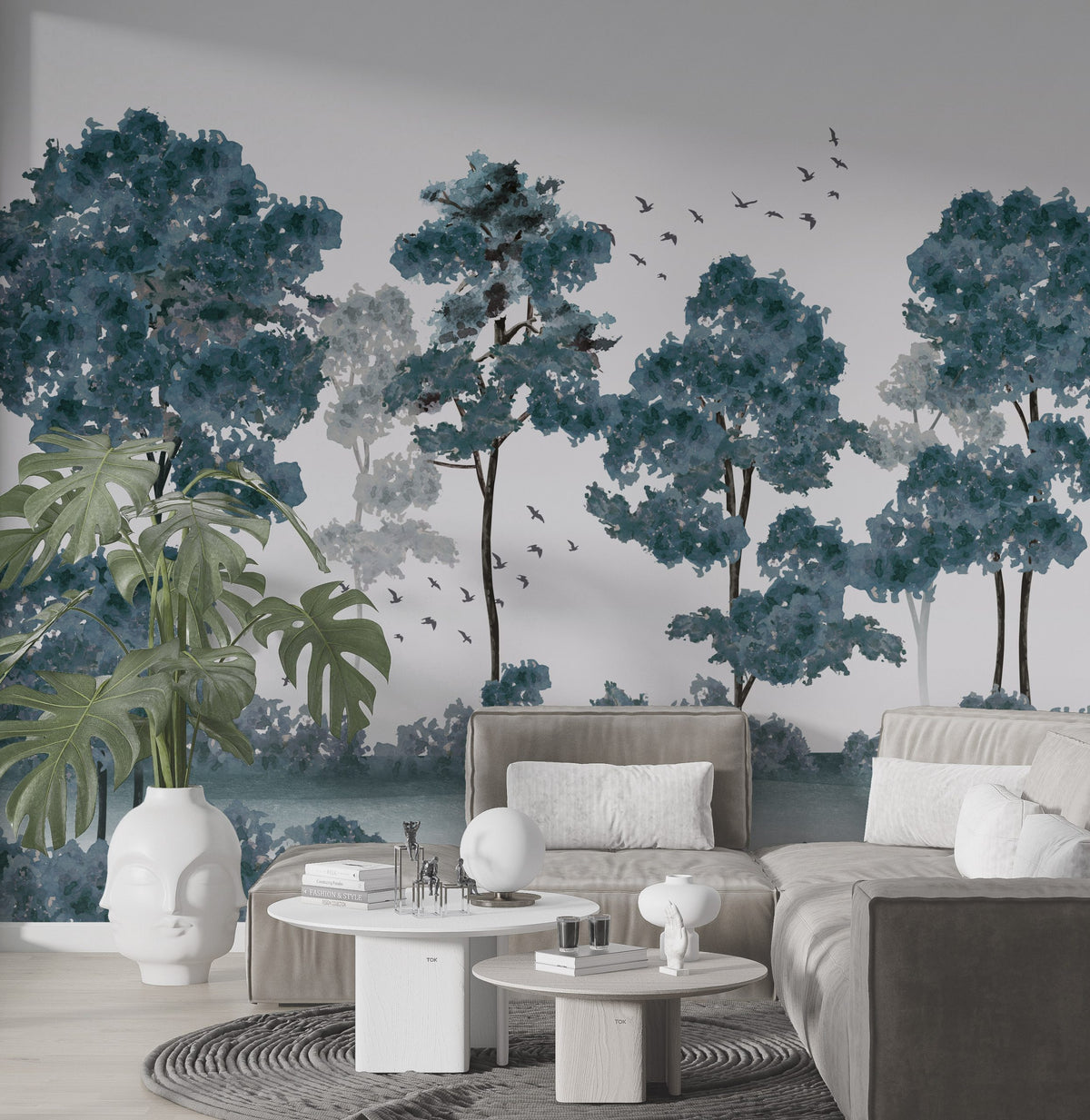Blue Tree Forest Wallpaper : Monochrome Watercolor Woods Mural