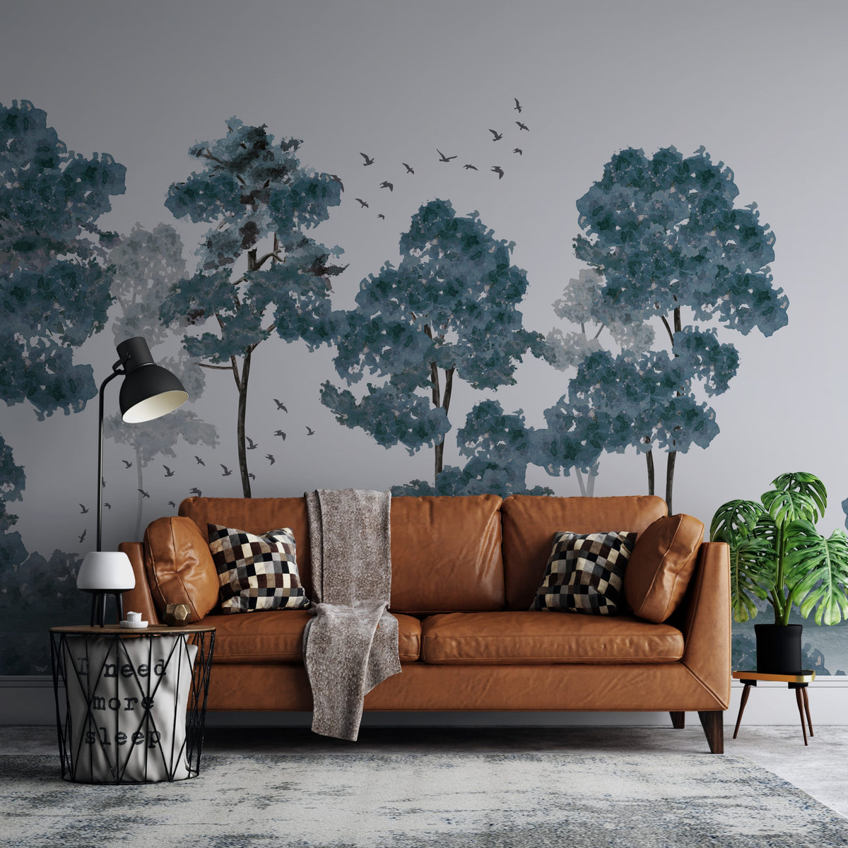 Blue Tree Forest Wallpaper : Monochrome Watercolor Woods Mural - View 5