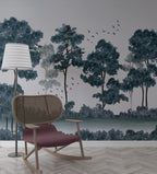 Blue Tree Forest Wallpaper : Monochrome Watercolor Woods Mural - View 6