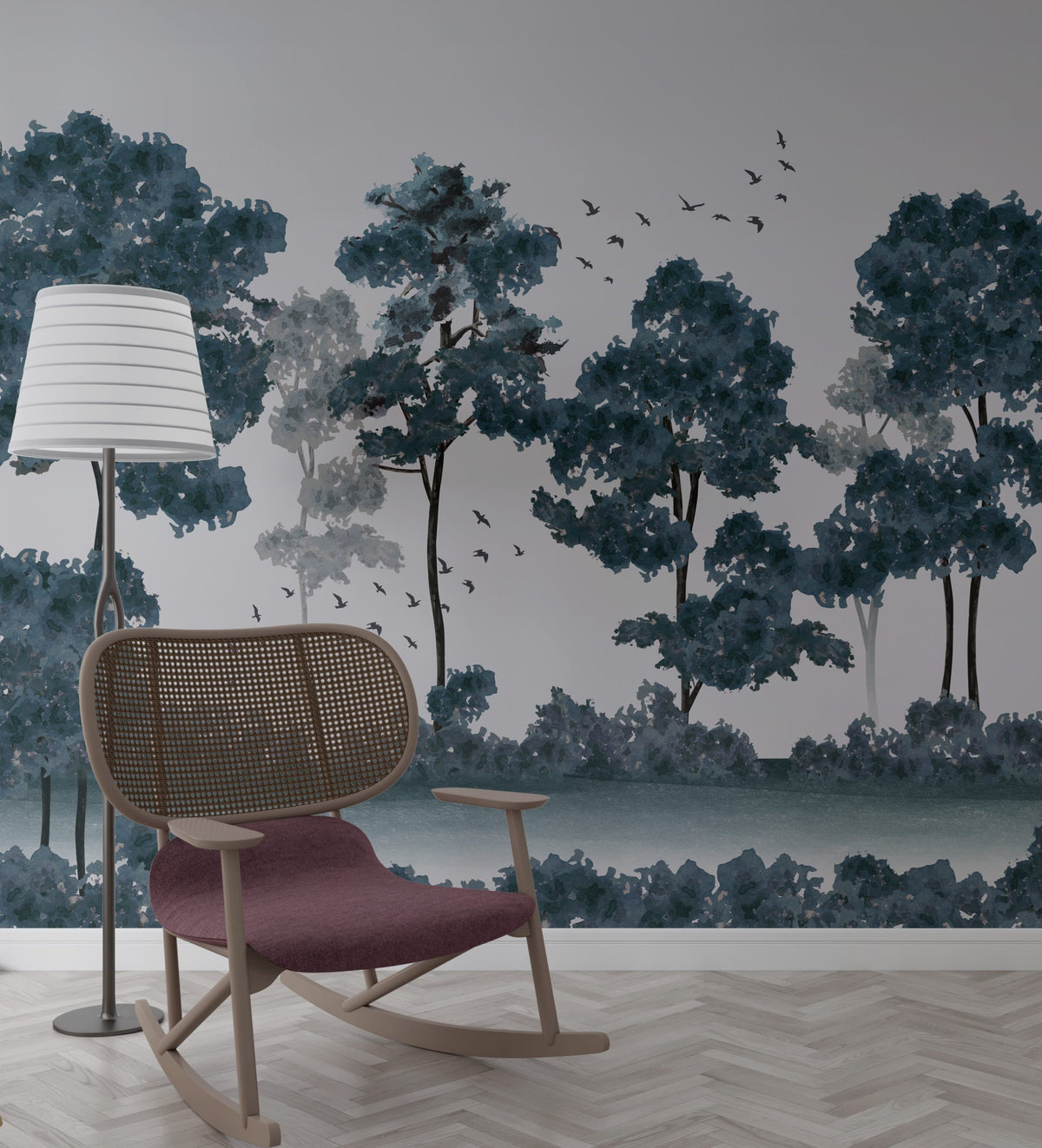 Blue Tree Forest Wallpaper : Monochrome Watercolor Woods Mural - View 6