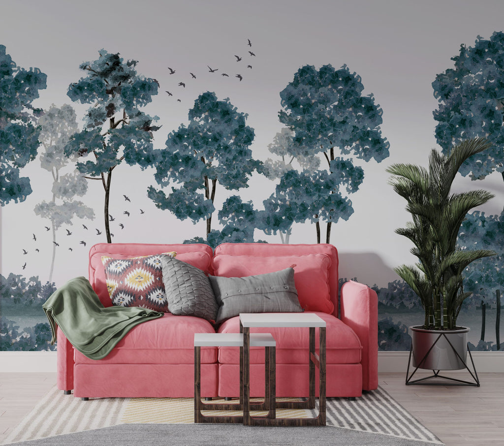 Blue Tree Forest Wallpaper : Monochrome Watercolor Woods Mural - View 4
