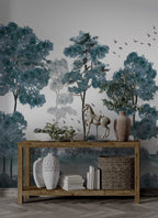 Blue Tree Forest Wallpaper : Monochrome Watercolor Woods Mural - View 3