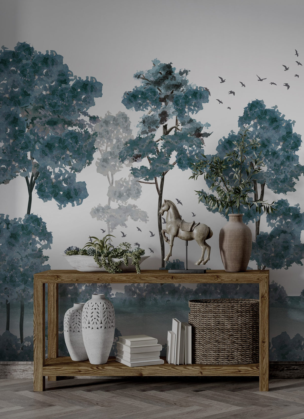 Blue Tree Forest Wallpaper : Monochrome Watercolor Woods Mural - View 3