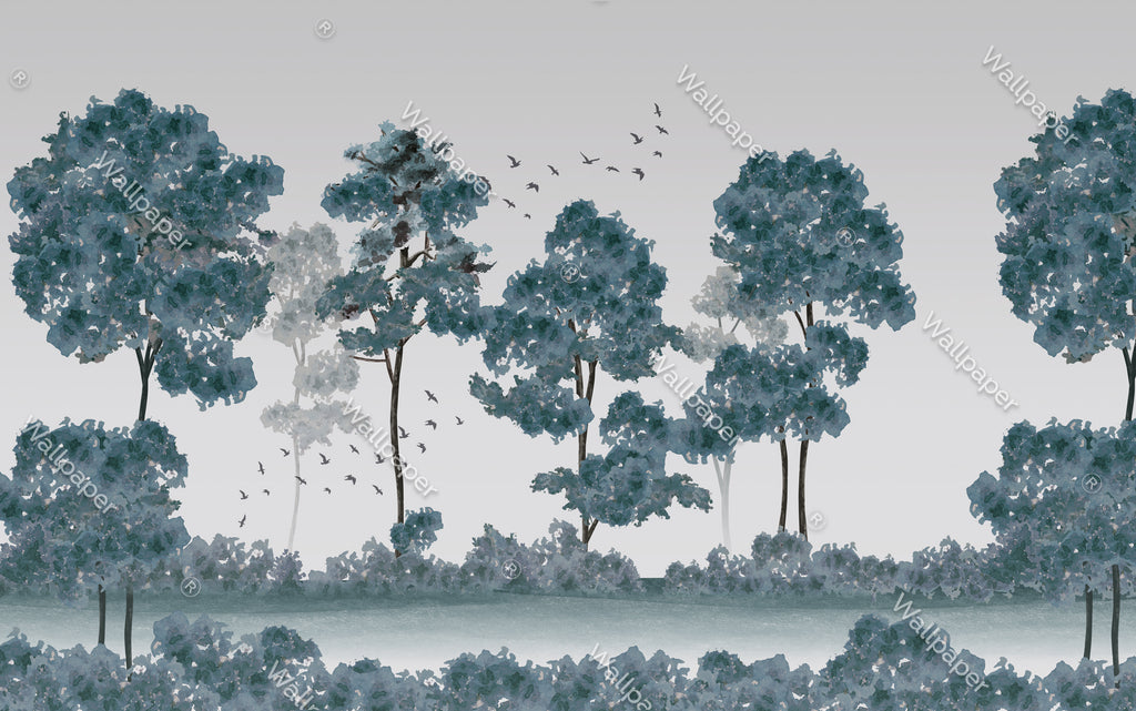 Blue Tree Forest Wallpaper : Monochrome Watercolor Woods Mural - View 2