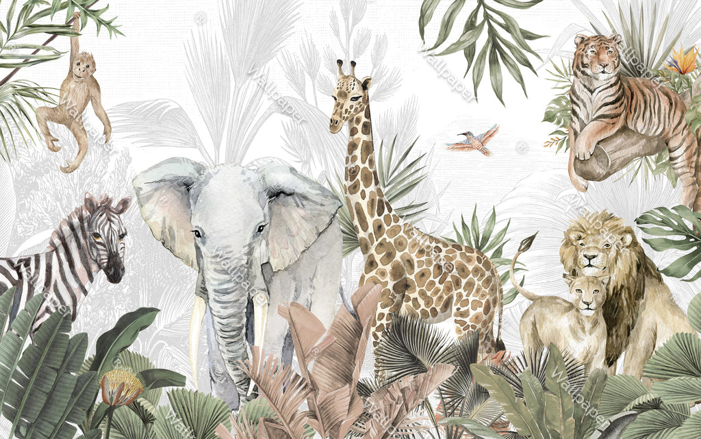 Watercolor Safari Wallpaper : Elephant, Giraffe and Zebra Mural - View 2