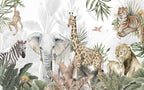 Watercolor Safari Wallpaper : Elephant, Giraffe and Zebra Mural - View 2