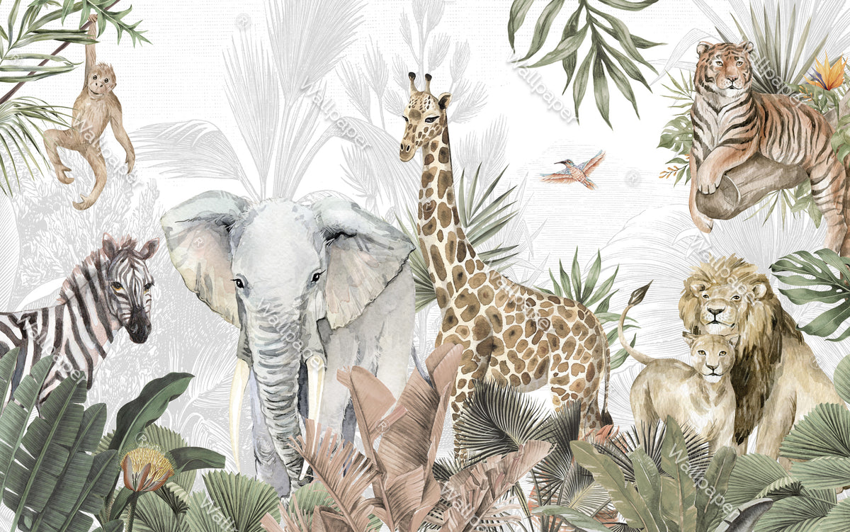 Watercolor Safari Wallpaper : Elephant, Giraffe and Zebra Mural - View 2