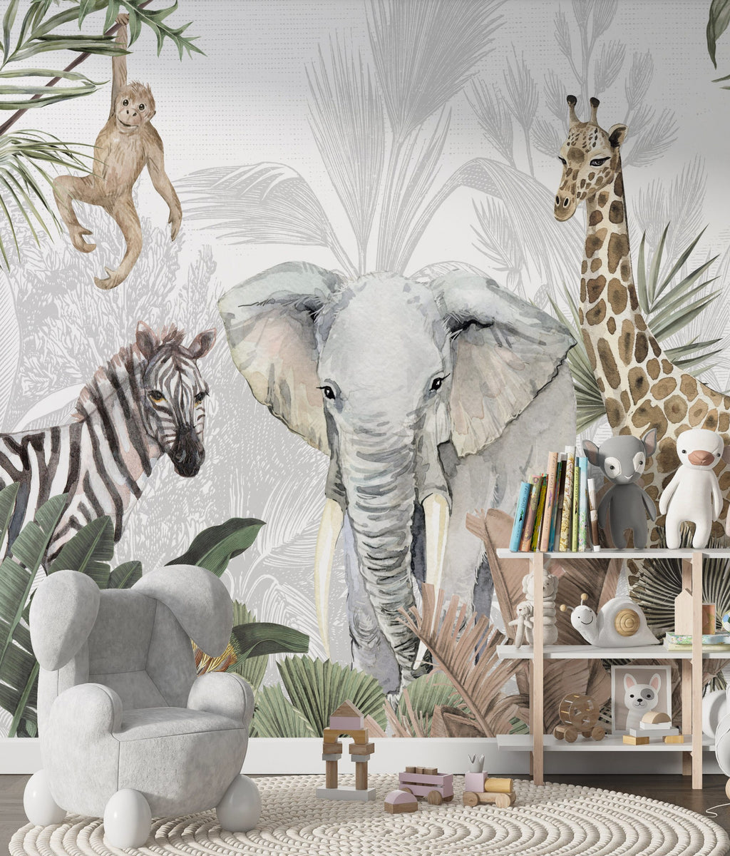 Watercolor Safari Wallpaper : Elephant, Giraffe and Zebra Mural