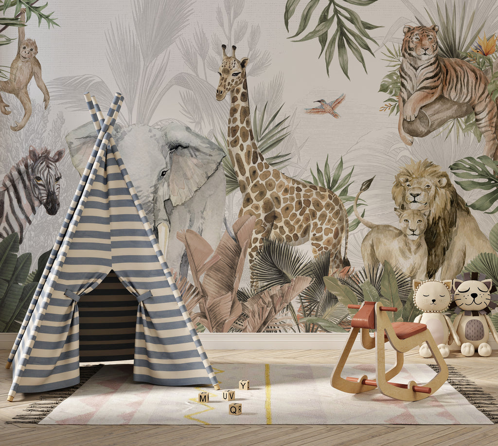Watercolor Safari Wallpaper : Elephant, Giraffe and Zebra Mural - View 3