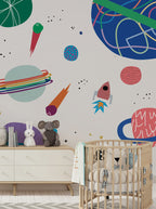 Doodle Space Wallpaper : Colorful Planets and Comets Mural - View 3