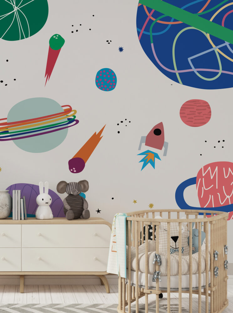 Doodle Space Wallpaper : Colorful Planets and Comets Mural - View 3