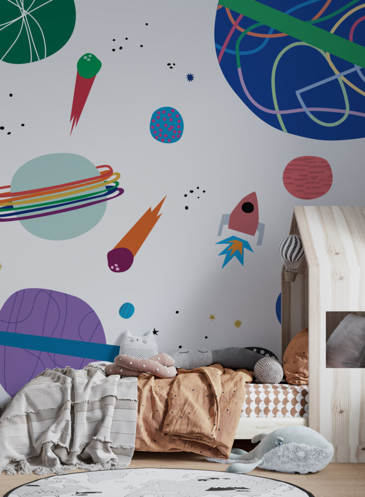 Doodle Space Wallpaper : Colorful Planets and Comets Mural - View 4