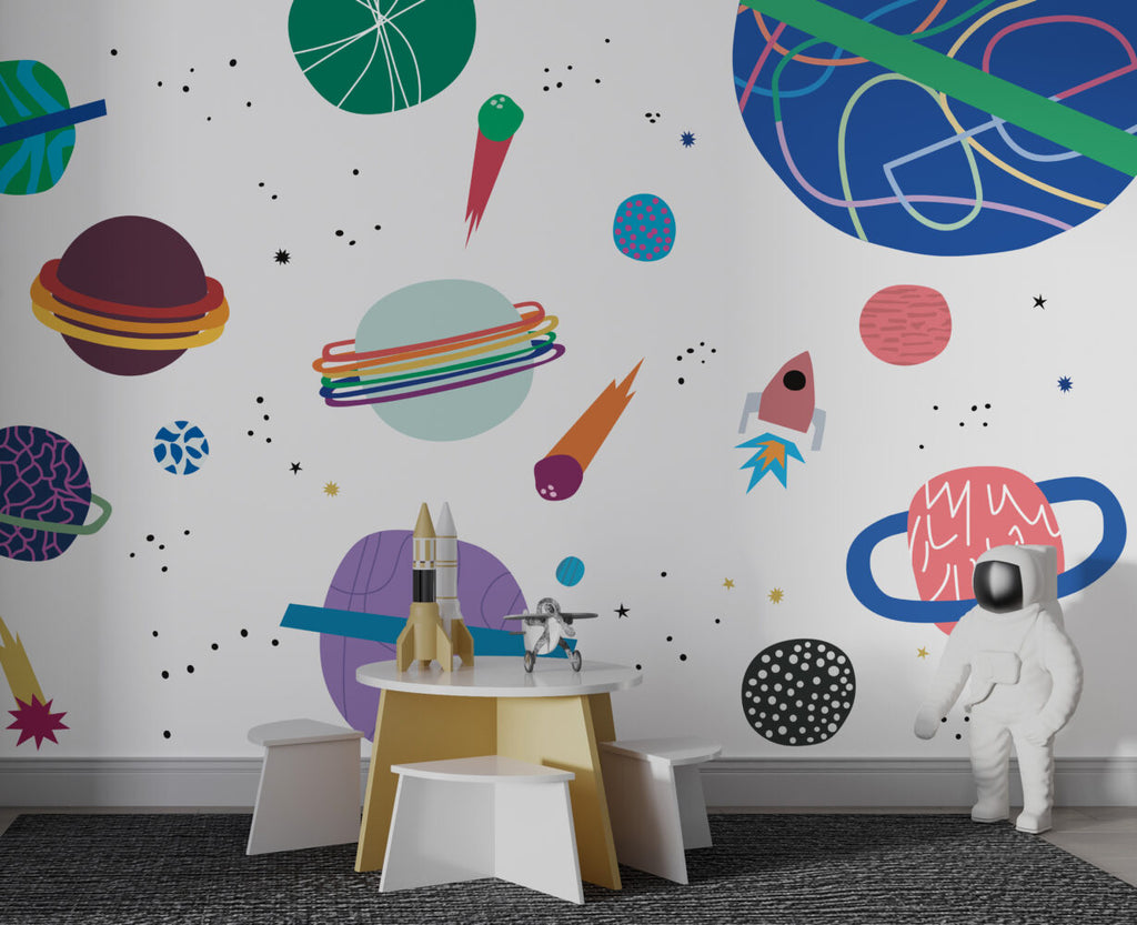 Doodle Space Wallpaper : Colorful Planets and Comets Mural