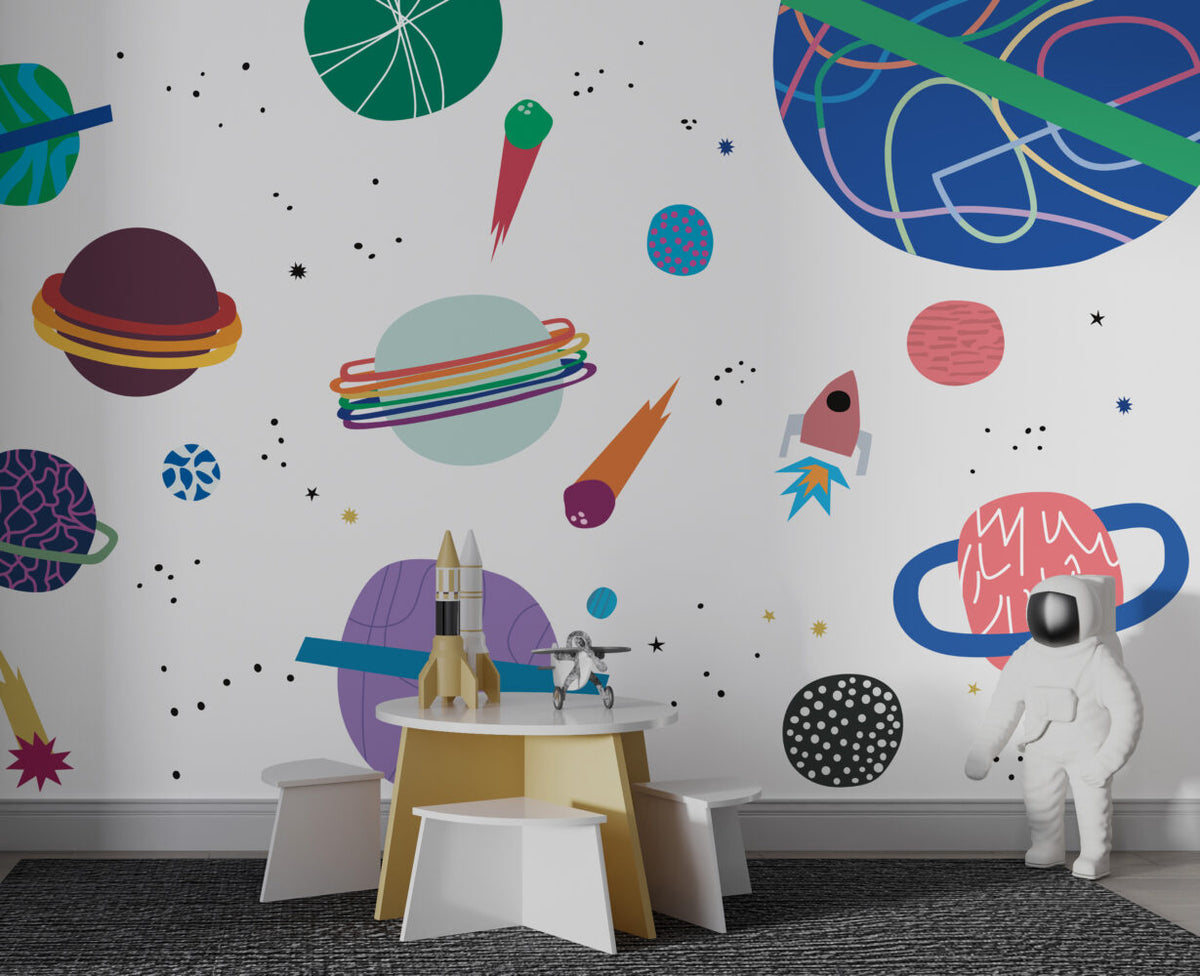 Doodle Space Wallpaper : Colorful Planets and Comets Mural