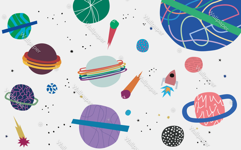 Doodle Space Wallpaper : Colorful Planets and Comets Mural - View 2