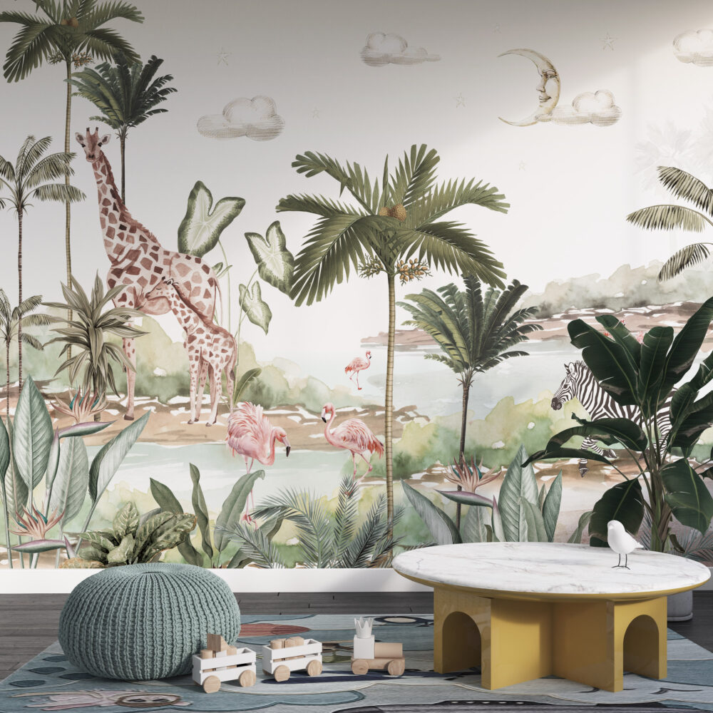 Moon Safari Wallpaper : Giraffes and Palms Kids Mural - View 3