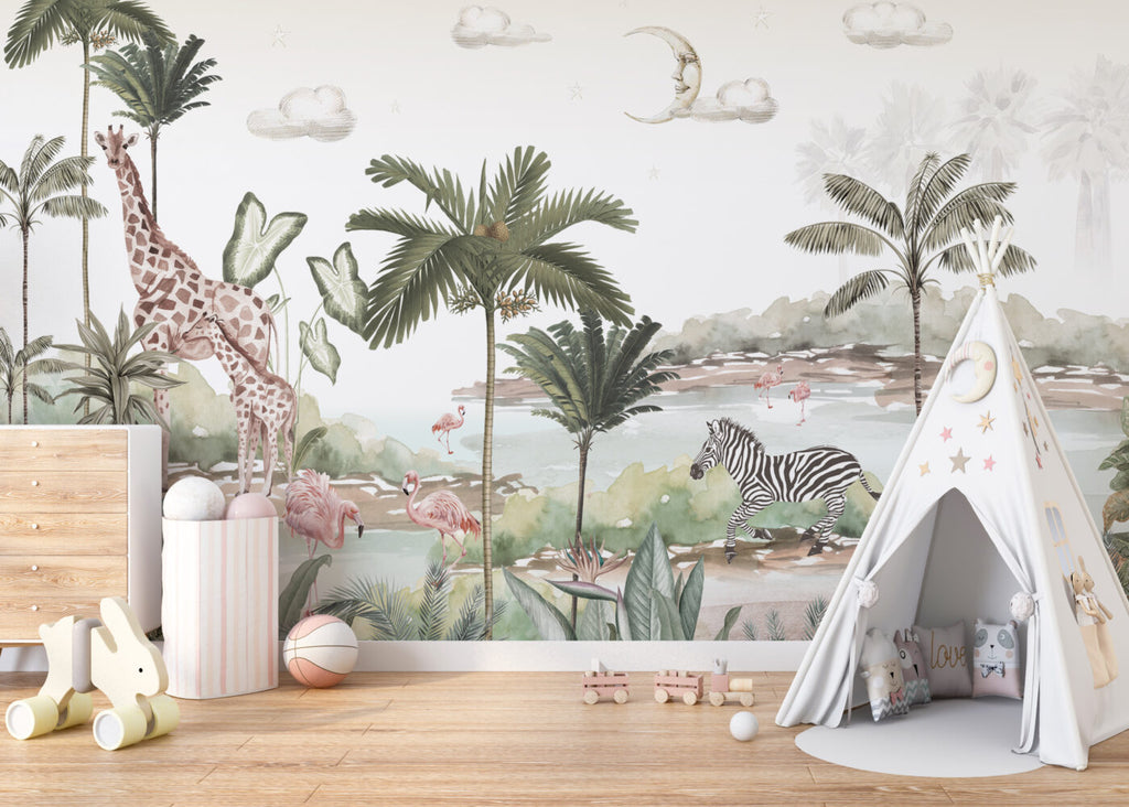 Moon Safari Wallpaper : Giraffes and Palms Kids Mural - View 4