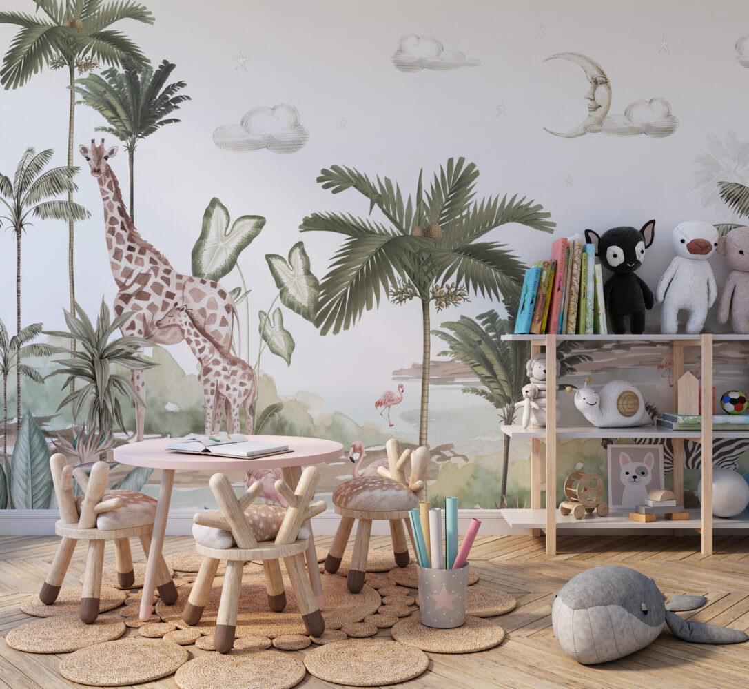 Moon Safari Wallpaper : Giraffes and Palms Kids Mural - View 5