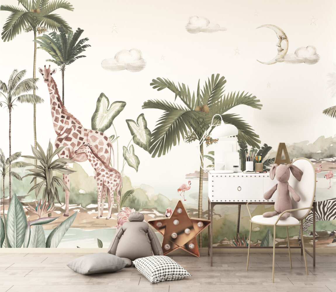 Moon Safari Wallpaper : Giraffes and Palms Kids Mural