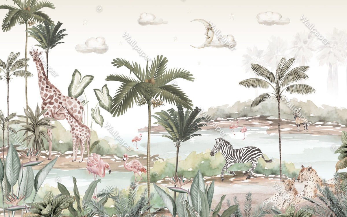 Moon Safari Wallpaper : Giraffes and Palms Kids Mural - View 2