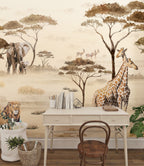 African Savanna Wallpaper : Giraffe and Elephant Sepia Mural - View 3