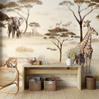 African Savanna Wallpaper : Giraffe and Elephant Sepia Mural - View 4