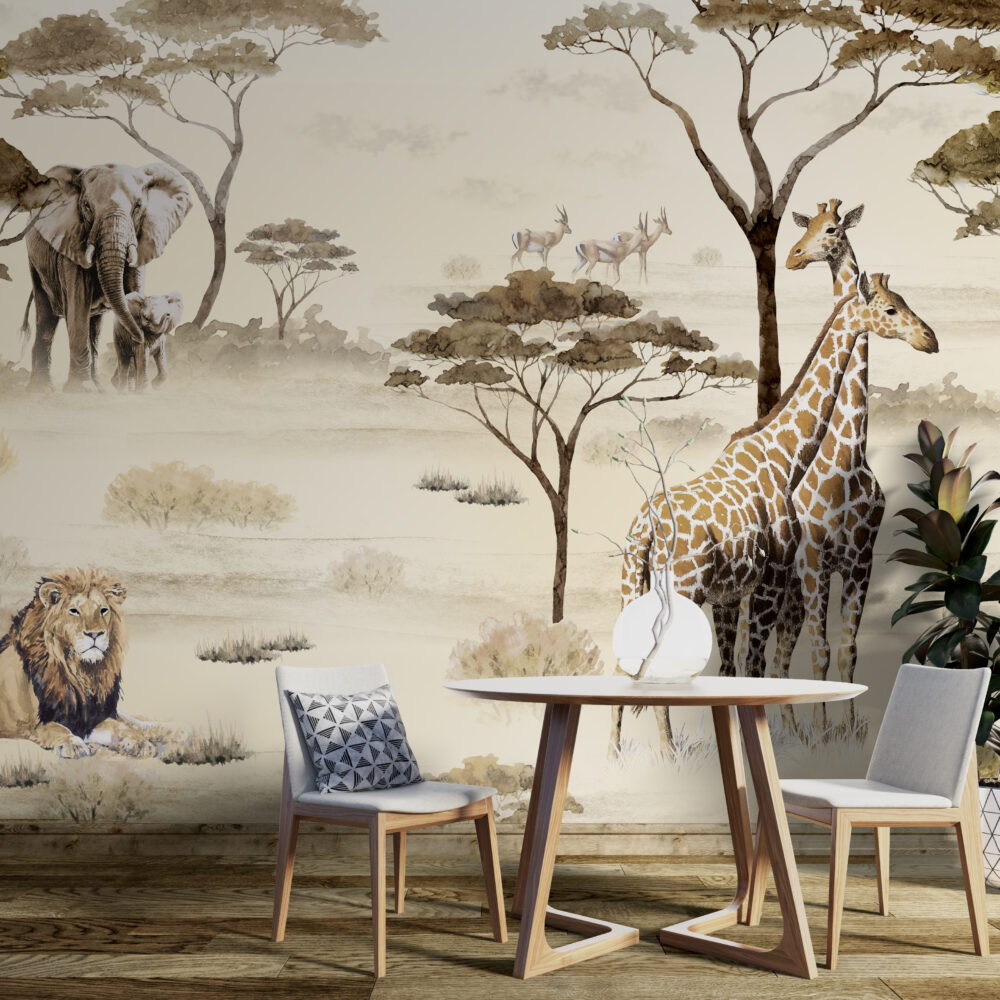 African Savanna Wallpaper : Giraffe and Elephant Sepia Mural - View 5