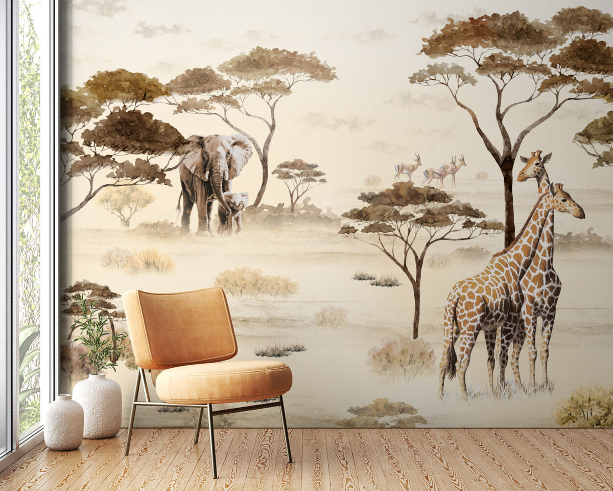African Savanna Wallpaper : Giraffe and Elephant Sepia Mural - View 6