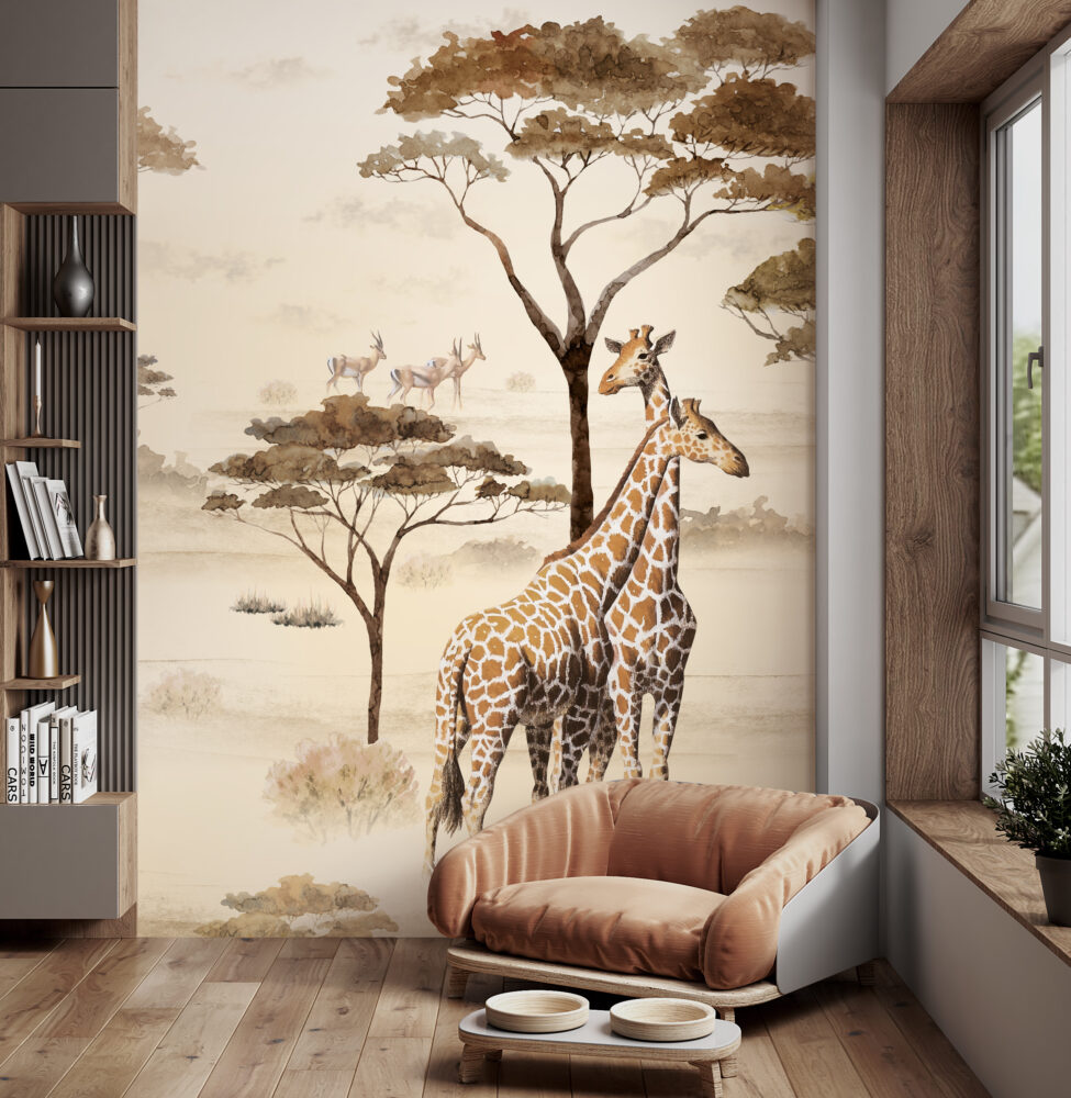 African Savanna Wallpaper : Giraffe and Elephant Sepia Mural