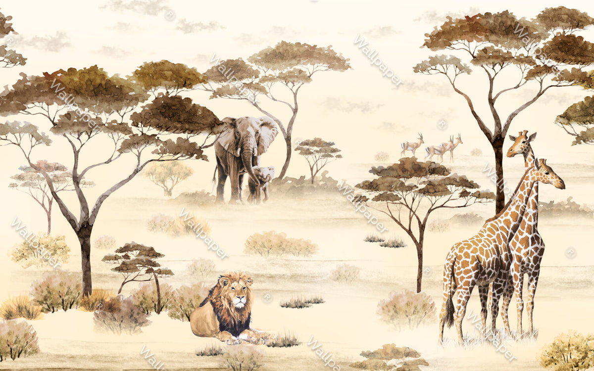 African Savanna Wallpaper : Giraffe and Elephant Sepia Mural - View 2