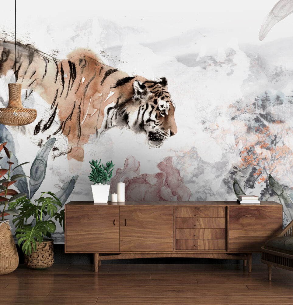Watercolor Tiger Wallpaper : Lilies and Tropical Leaves Mural - View 3
