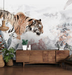 Watercolor Tiger Wallpaper : Lilies and Tropical Leaves Mural - View 3