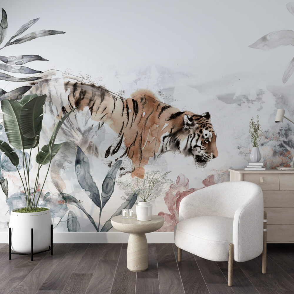Watercolor Tiger Wallpaper : Lilies and Tropical Leaves Mural - View 4
