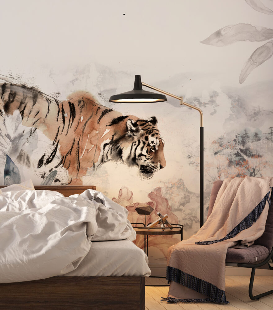 Watercolor Tiger Wallpaper : Lilies and Tropical Leaves Mural - View 5