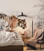 Watercolor Tiger Wallpaper : Lilies and Tropical Leaves Mural - View 5