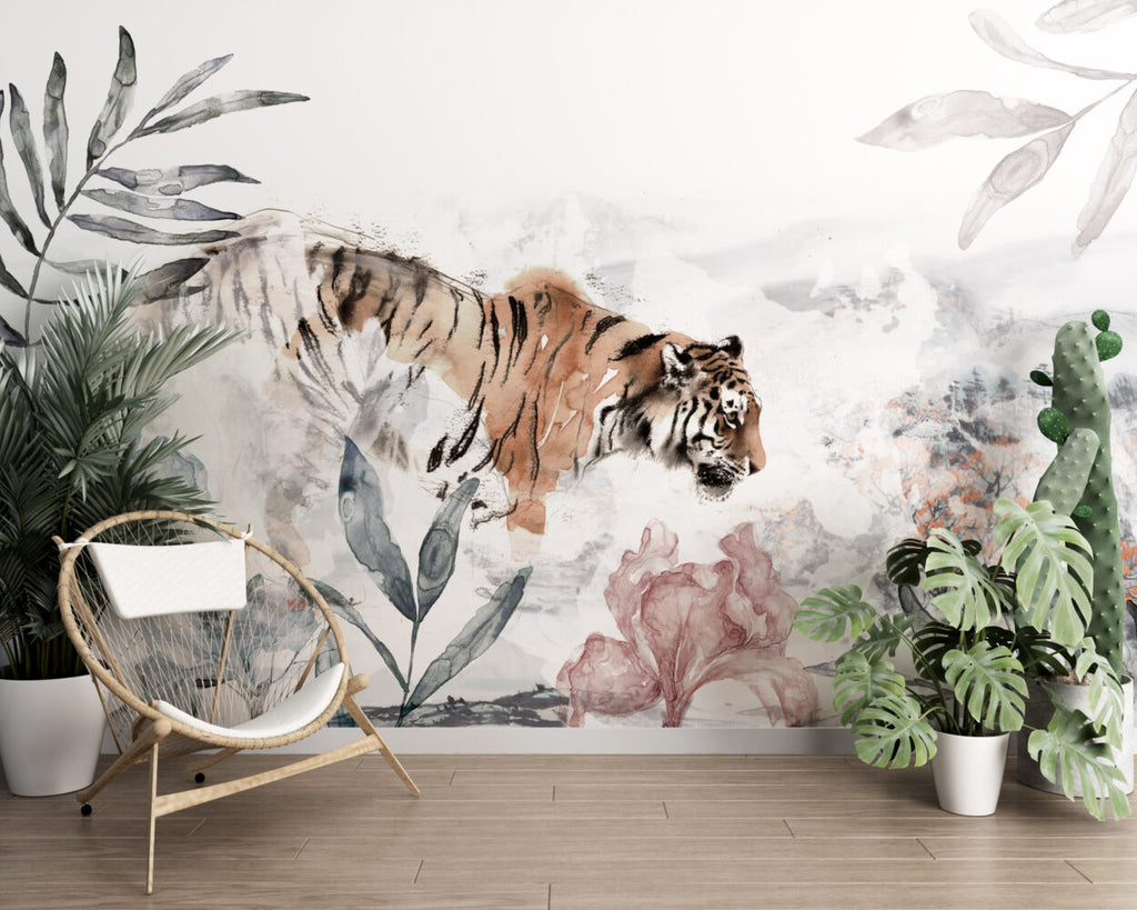 Watercolor Tiger Wallpaper : Lilies and Tropical Leaves Mural