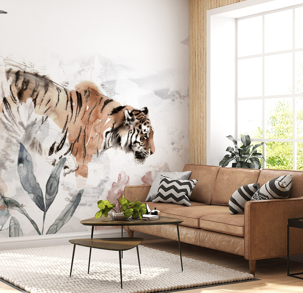 Watercolor Tiger Wallpaper : Lilies and Tropical Leaves Mural - View 6