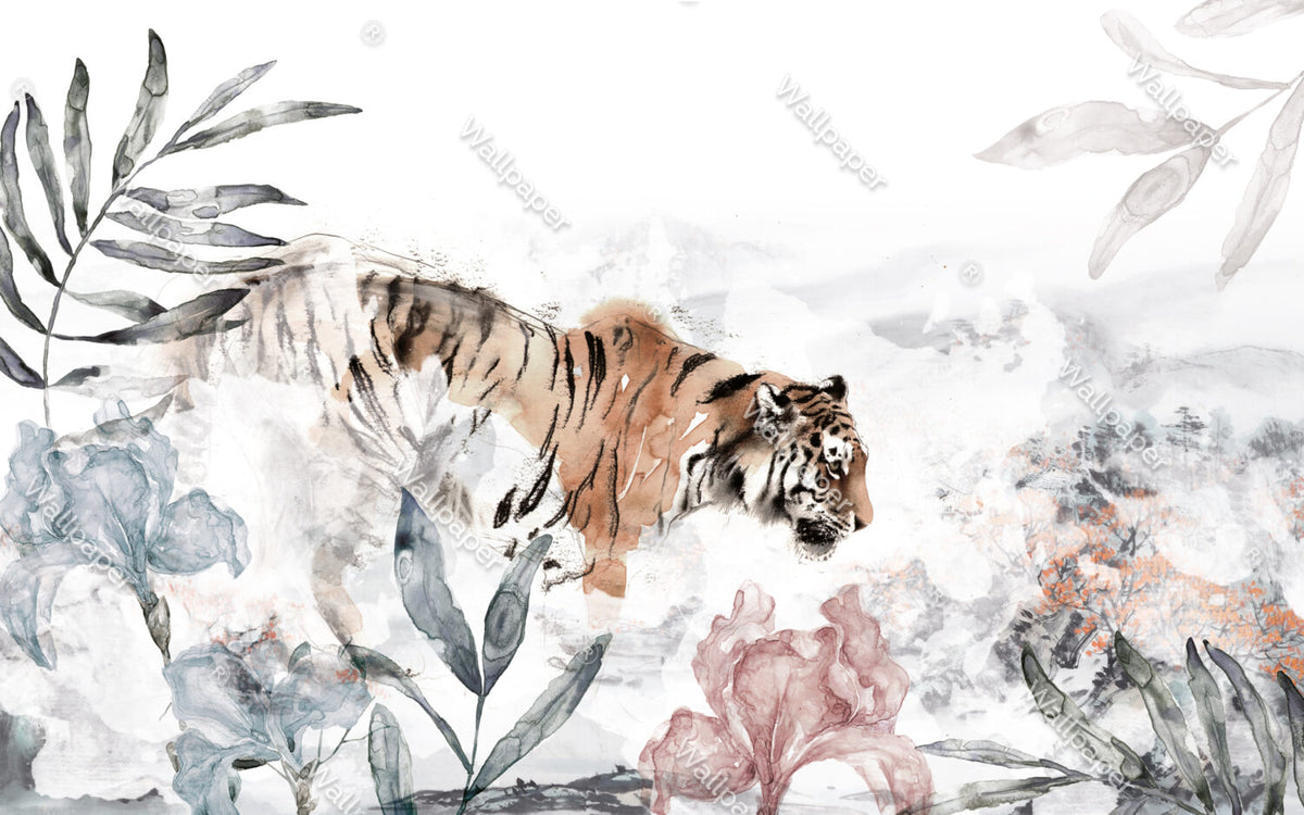 Watercolor Tiger Wallpaper : Lilies and Tropical Leaves Mural - View 2