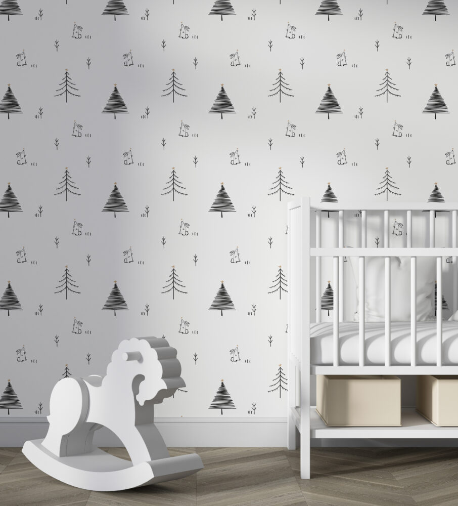 Minimalist Pine Bunny Wallpaper : Scandi Kids Pattern - View 3