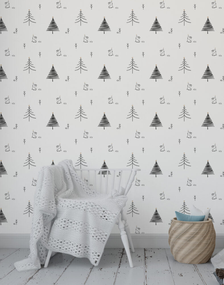Minimalist Pine Bunny Wallpaper : Scandi Kids Pattern - View 4