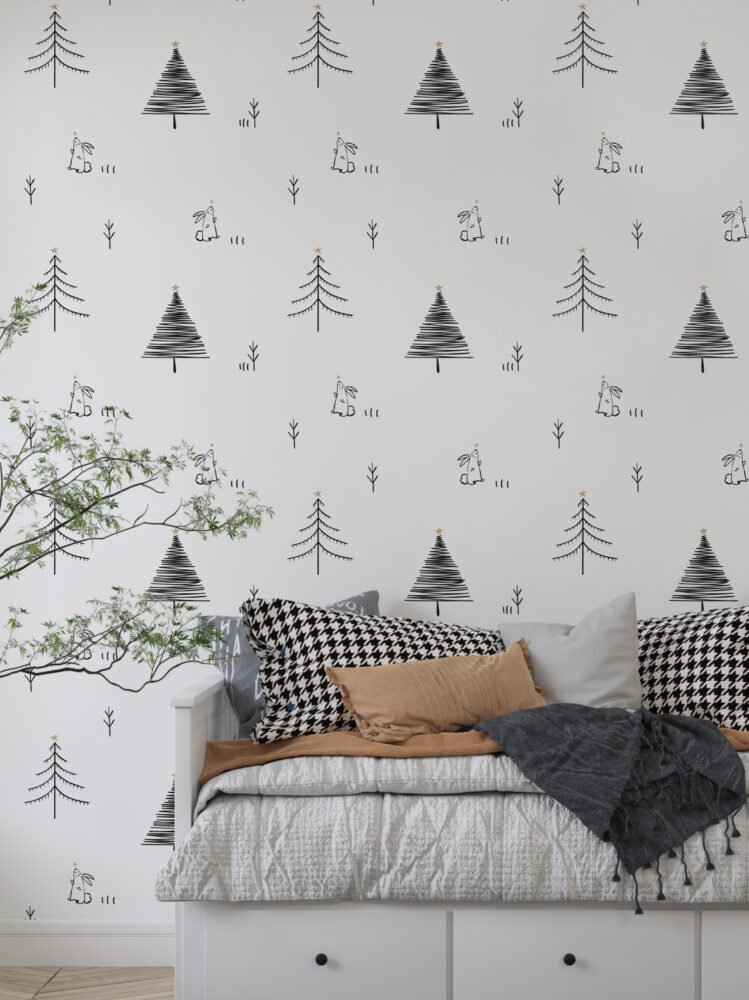 Minimalist Pine Bunny Wallpaper : Scandi Kids Pattern - View 5