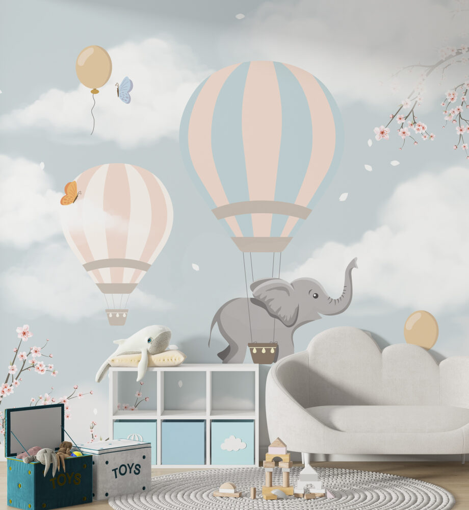 Blue Cloud Balloon Elephant Wallpaper : Nursery Sky Mural - View 4