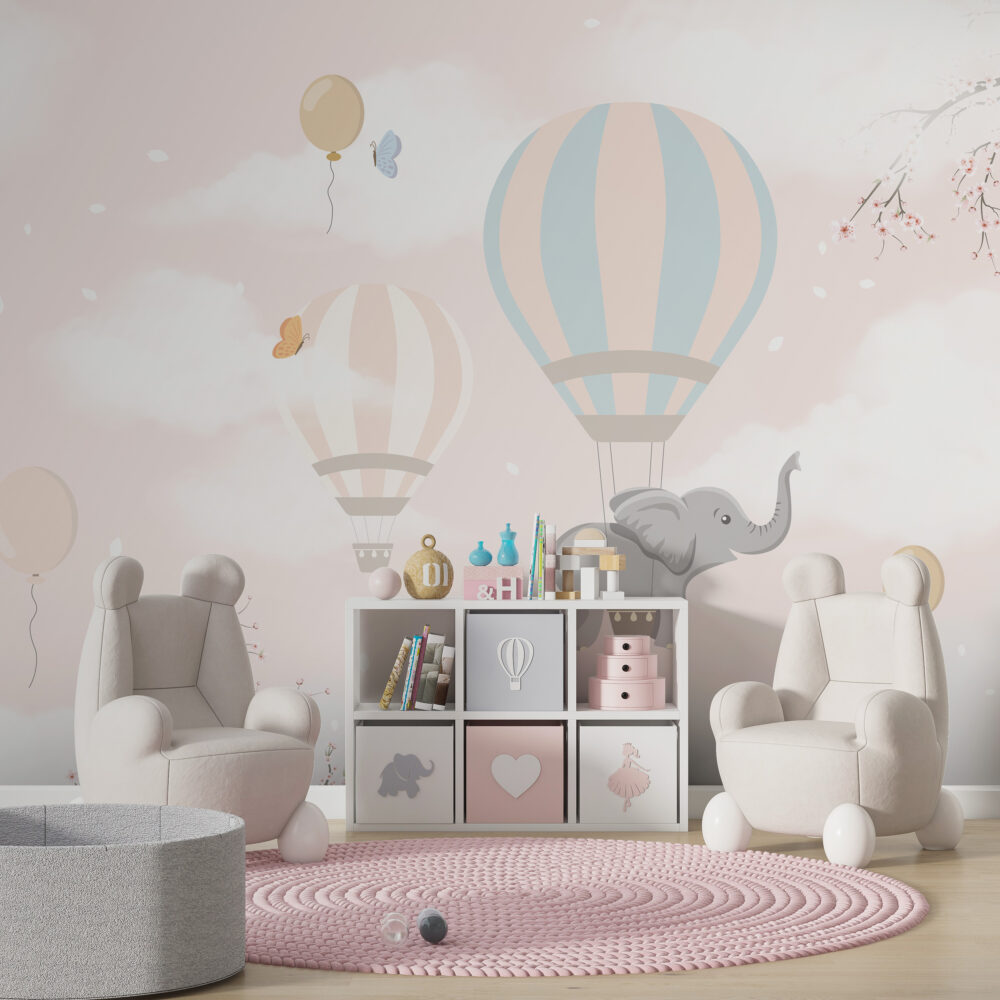 Pink Cloud Balloon Elephant Wallpaper : Nursery Sky Mural - View 3